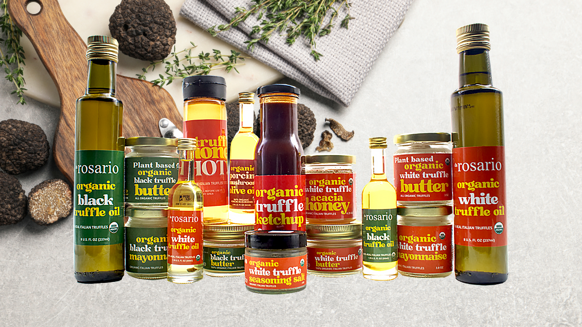 Collection of Rosario organic truffle products on a light background