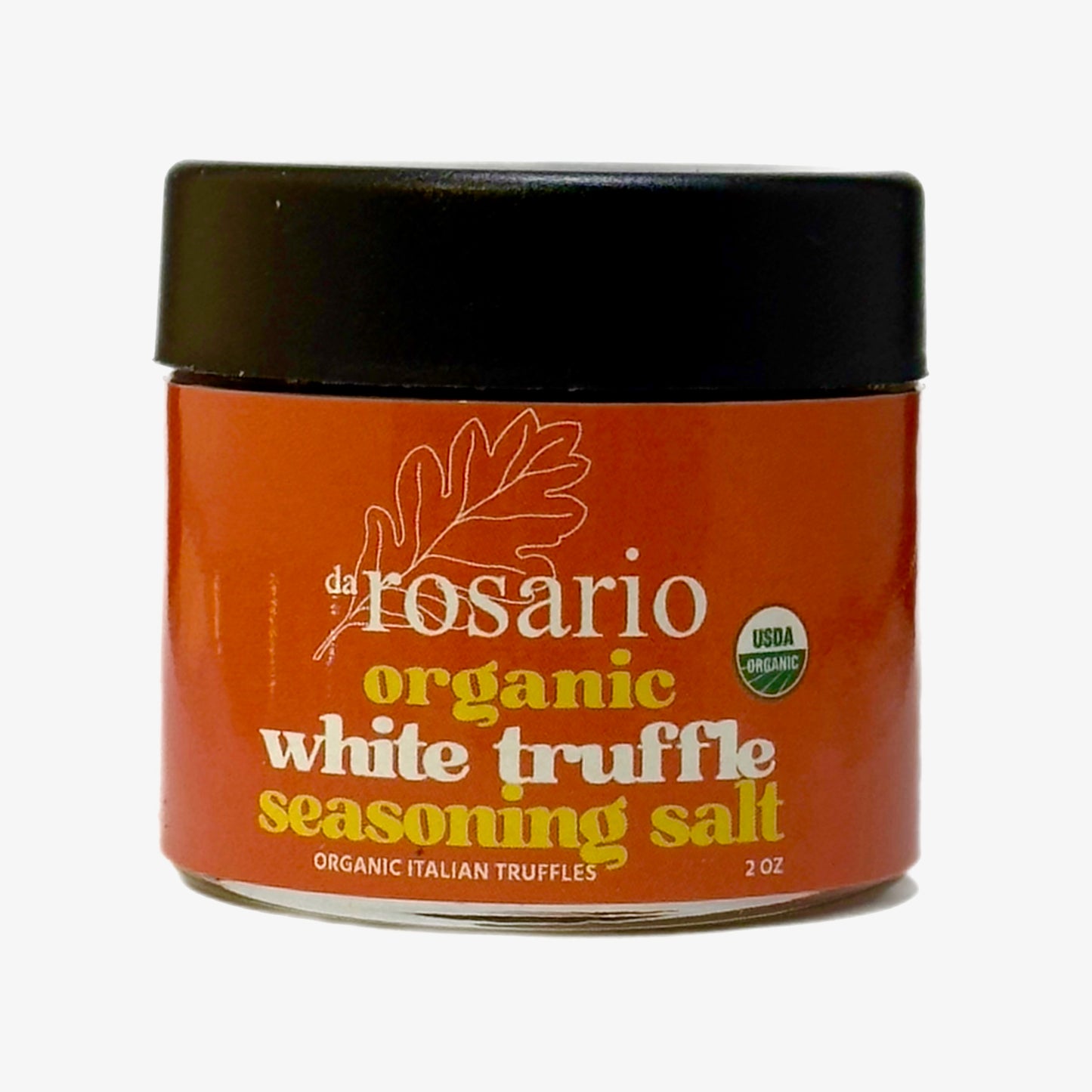 Jar of Da Rosario organic white truffle seasoning salt on a white background