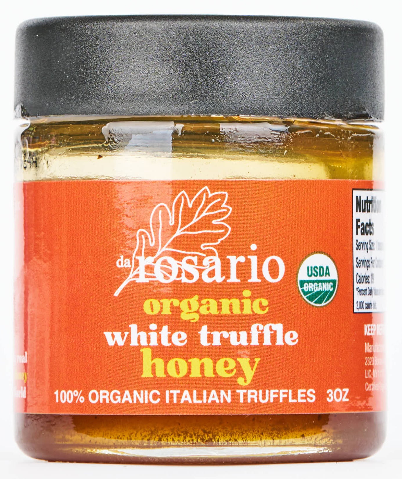 A jar of daRosario Organic White Truffle Honey with a label showing the brand name and the product name, indicating it contains 100% organic Italian truffles, with a weight of 3oz.