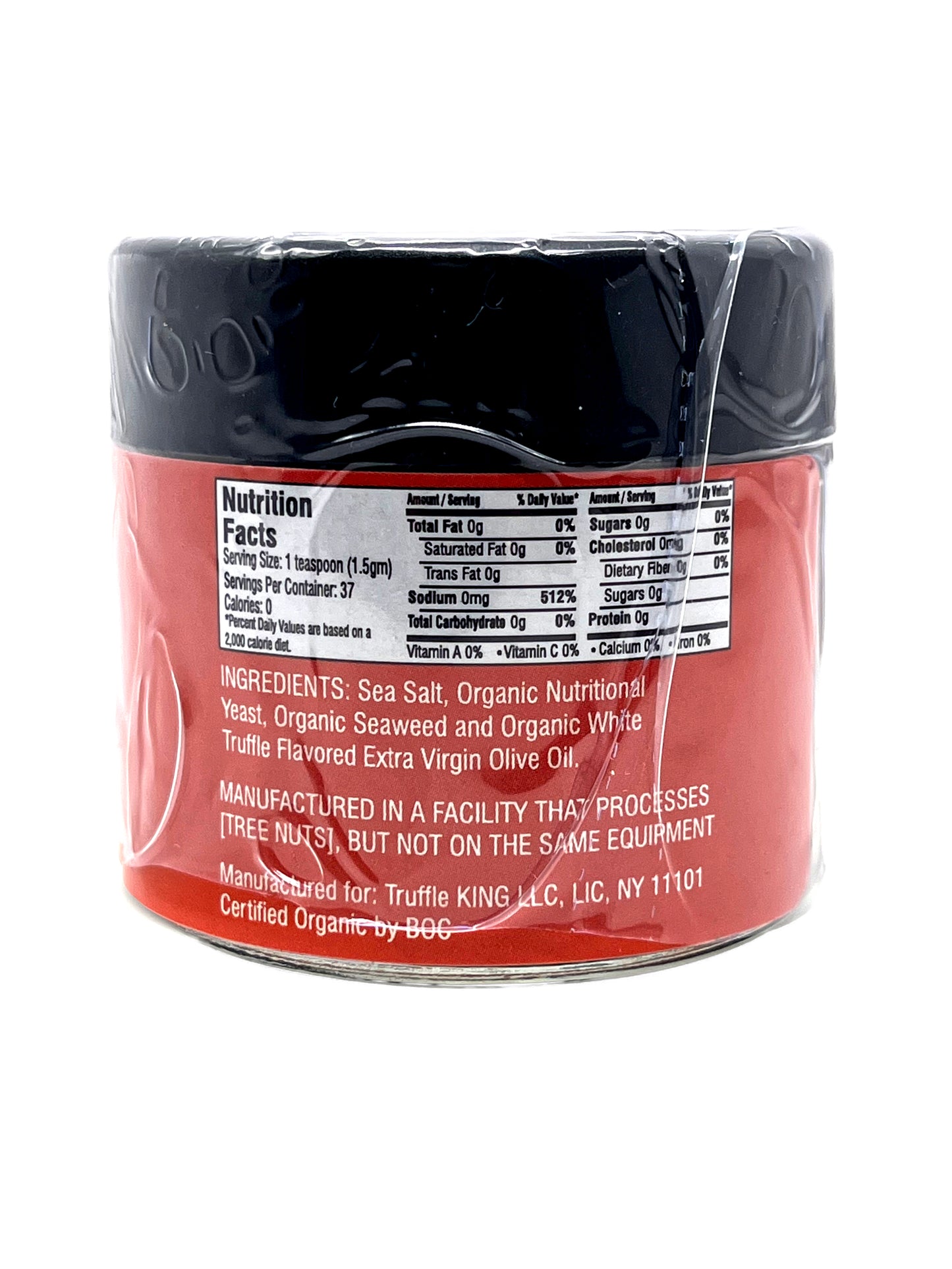 Back view of a container with nutritional facts and ingredient list on a white background