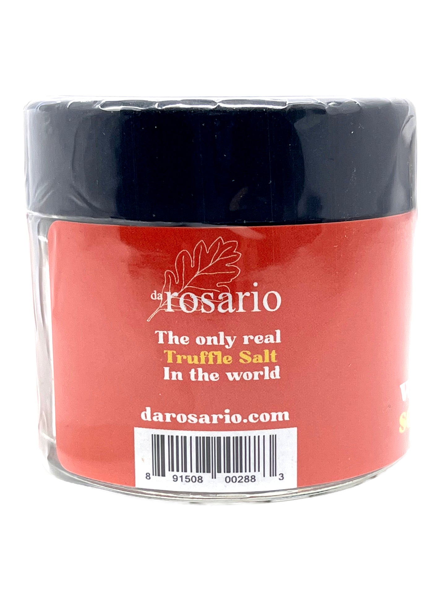 Jar of truffle salt with 'da rosario' branding on a white background