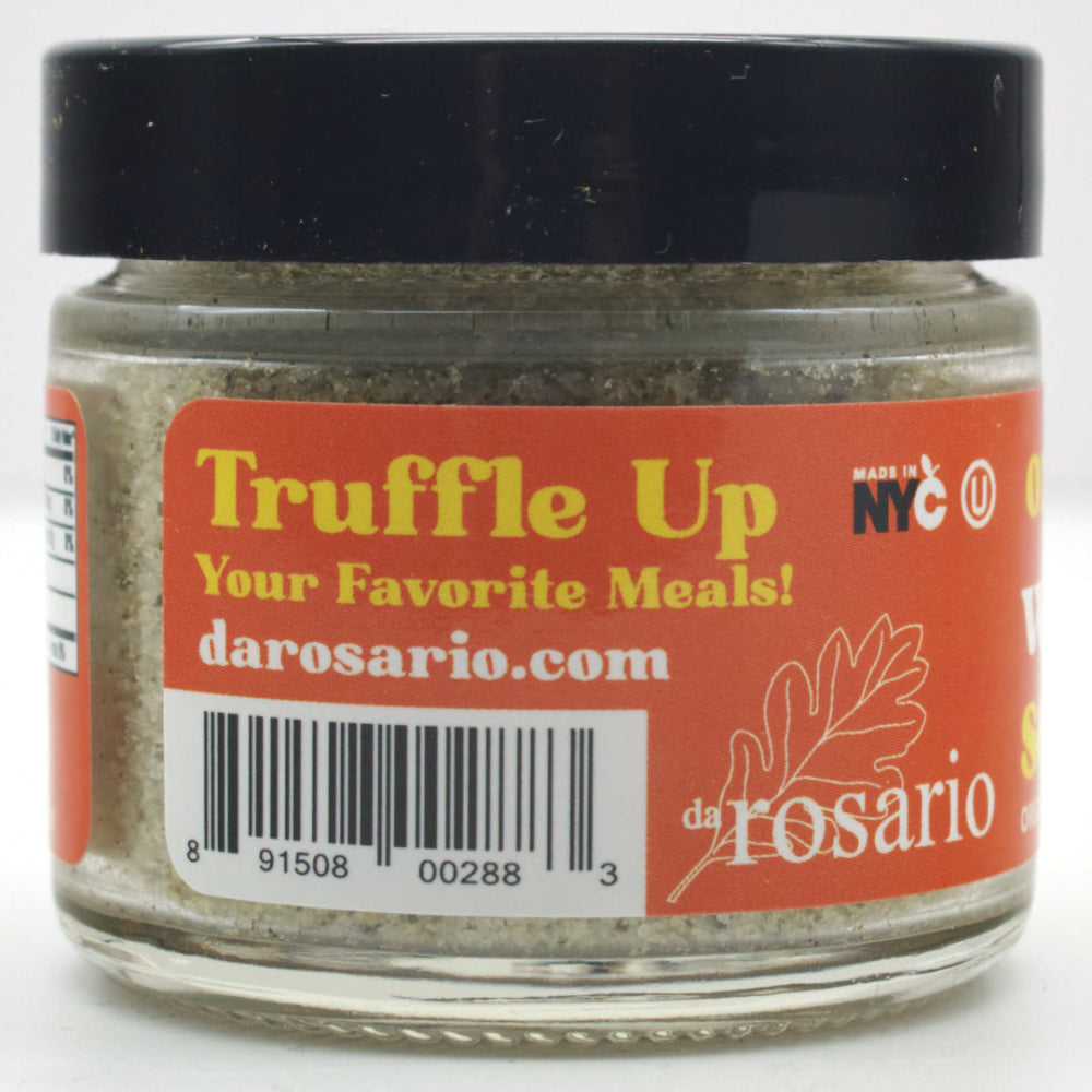Jar of truffle seasoning with a red label and black lid on a white background