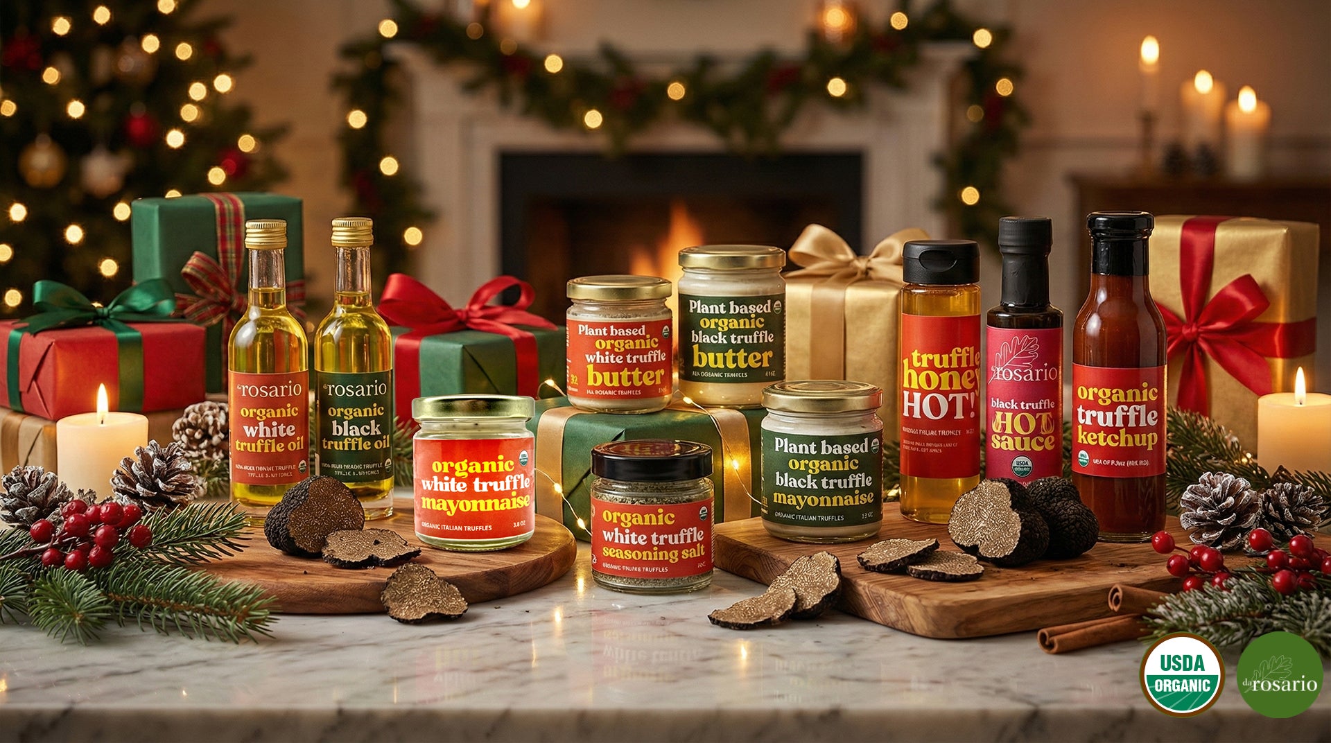 Assorted truffle products on a table with festive decorations and a fireplace in the background.