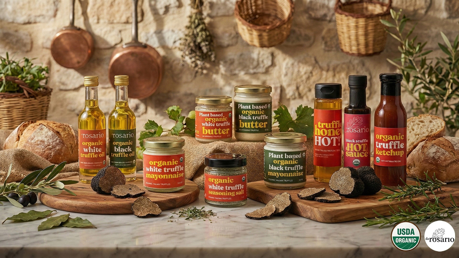 Assorted truffle products on a rustic wooden table with a stone wall background.