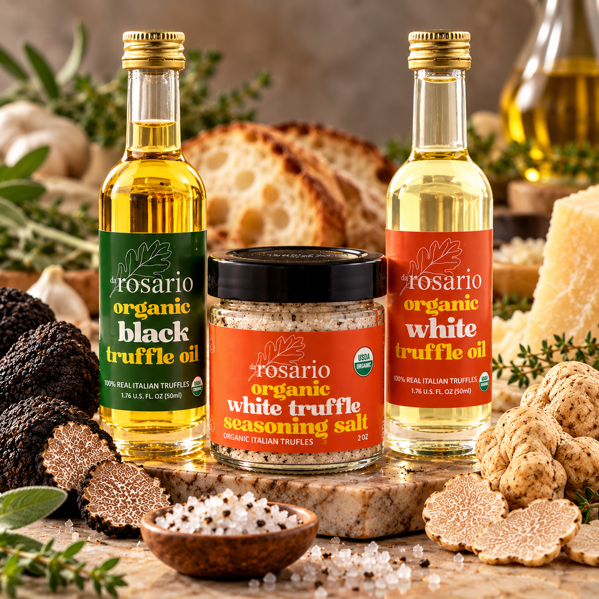 daRosario organic truffle essentials gift set: white truffle oil, black truffle oil and white truffle seasoning salt