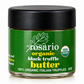 A 2 oz glass jar of daRosario Organic Black Truffle Butter with a black lid and a green label, on a plain white background