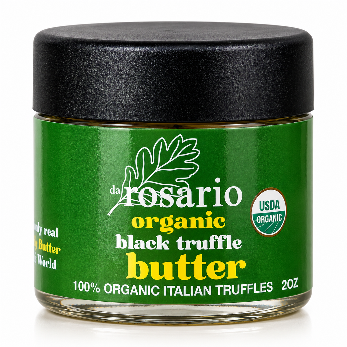 A 2 oz glass jar of daRosario Organic Black Truffle Butter with a black lid and a green label, on a plain white background