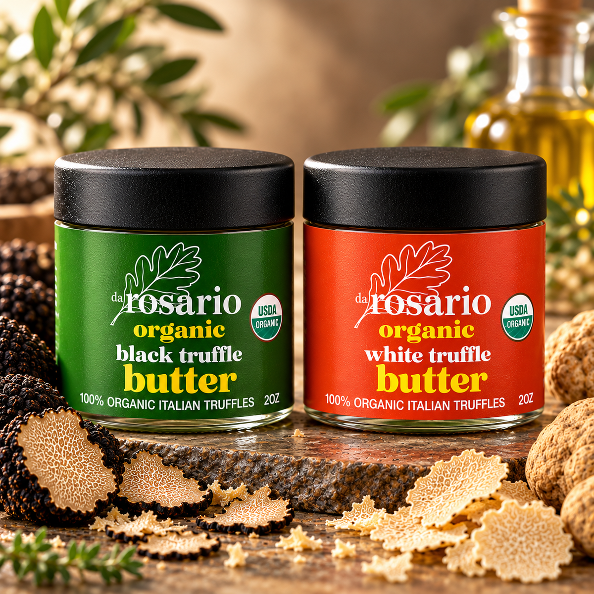 daRosario USDA Organic white and black truffle butter duo, two 2 oz jars