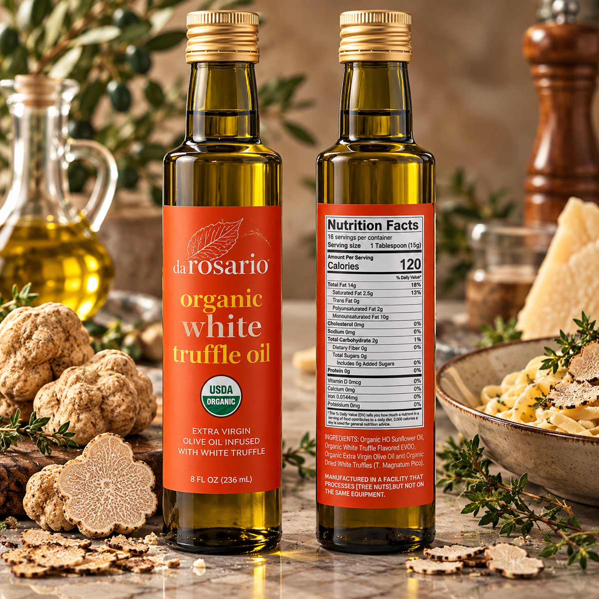 Two bottles of daRosario organic white truffle oil standing on a rustic stone surface with truffles, parsley, pasta, and cheese props. The front bottle shows the orange label with product name and USDA Organic seal, while the rear bottle shows the nutrition facts panel.