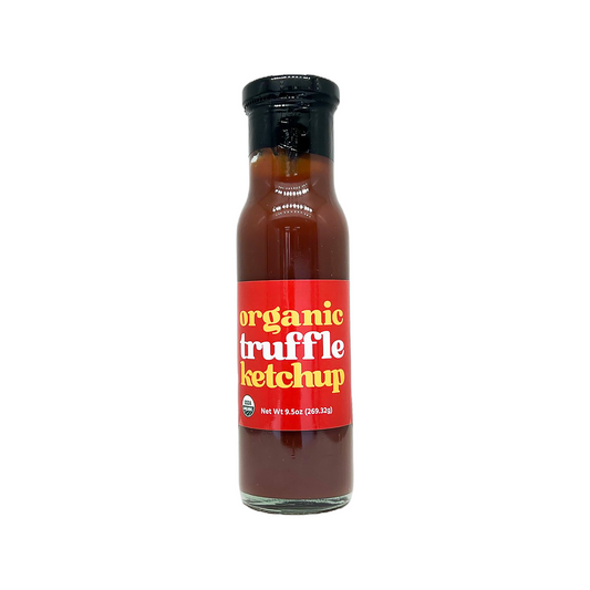 Bottle of organic truffle ketchup on a white background