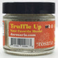 Jar of truffle seasoning with a red label and black lid on a white background