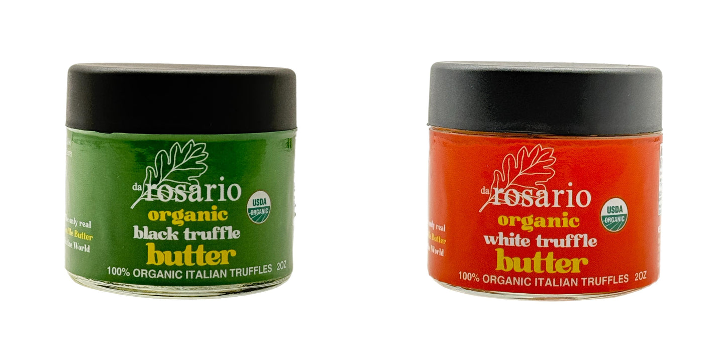 Two jars of Rosario organic truffle butter, one green and one red, on a white background.