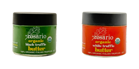 Two jars of Rosario organic truffle butter, one green and one red, on a white background.