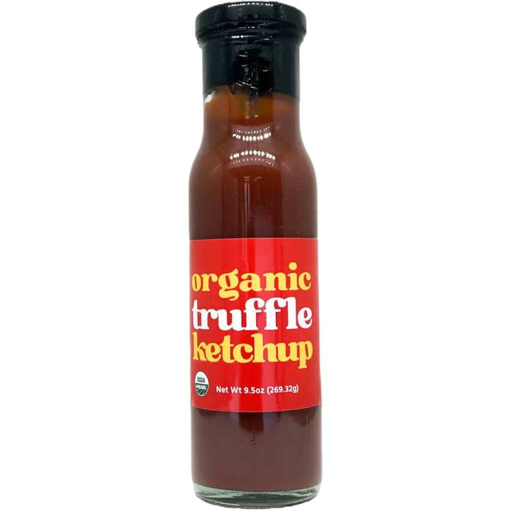 Bottle of organic truffle ketchup with a red label on a white background