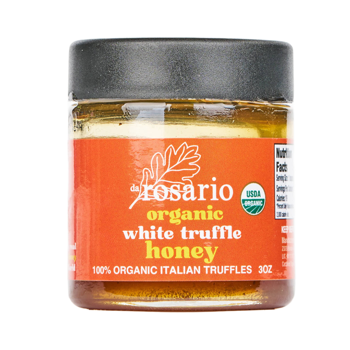 Jar of del Rosario organic white truffle honey on a white background