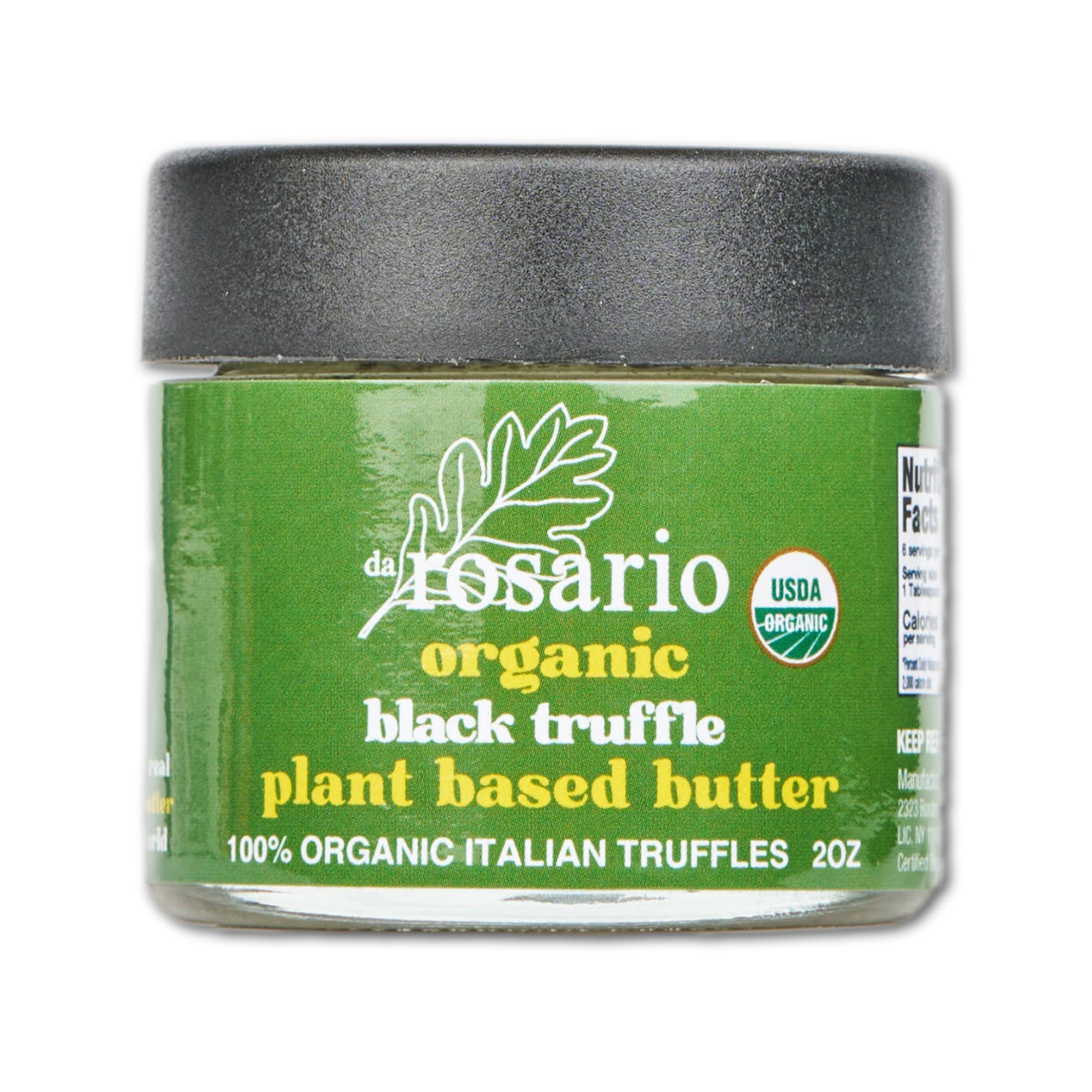 Jar of Da Rosario organic black truffle plant-based butter on a white background