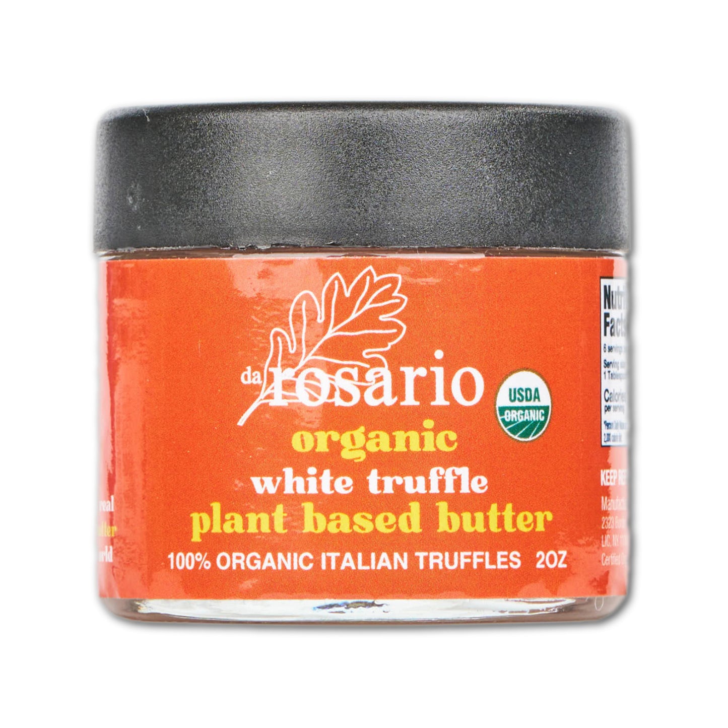 Jar of organic white truffle plant-based butter with a black lid on a white background