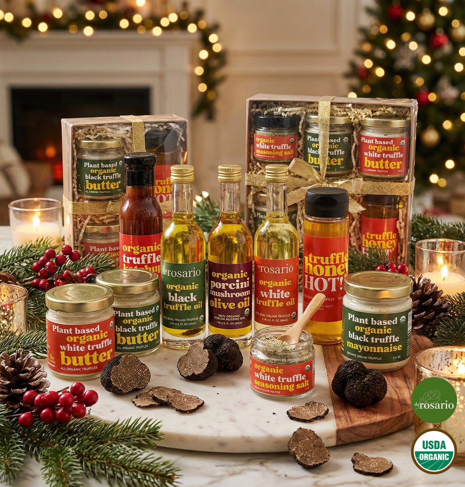 Collection of Rosario brand food products including oils, butters, and seasonings on a festive background with Christmas decorations.