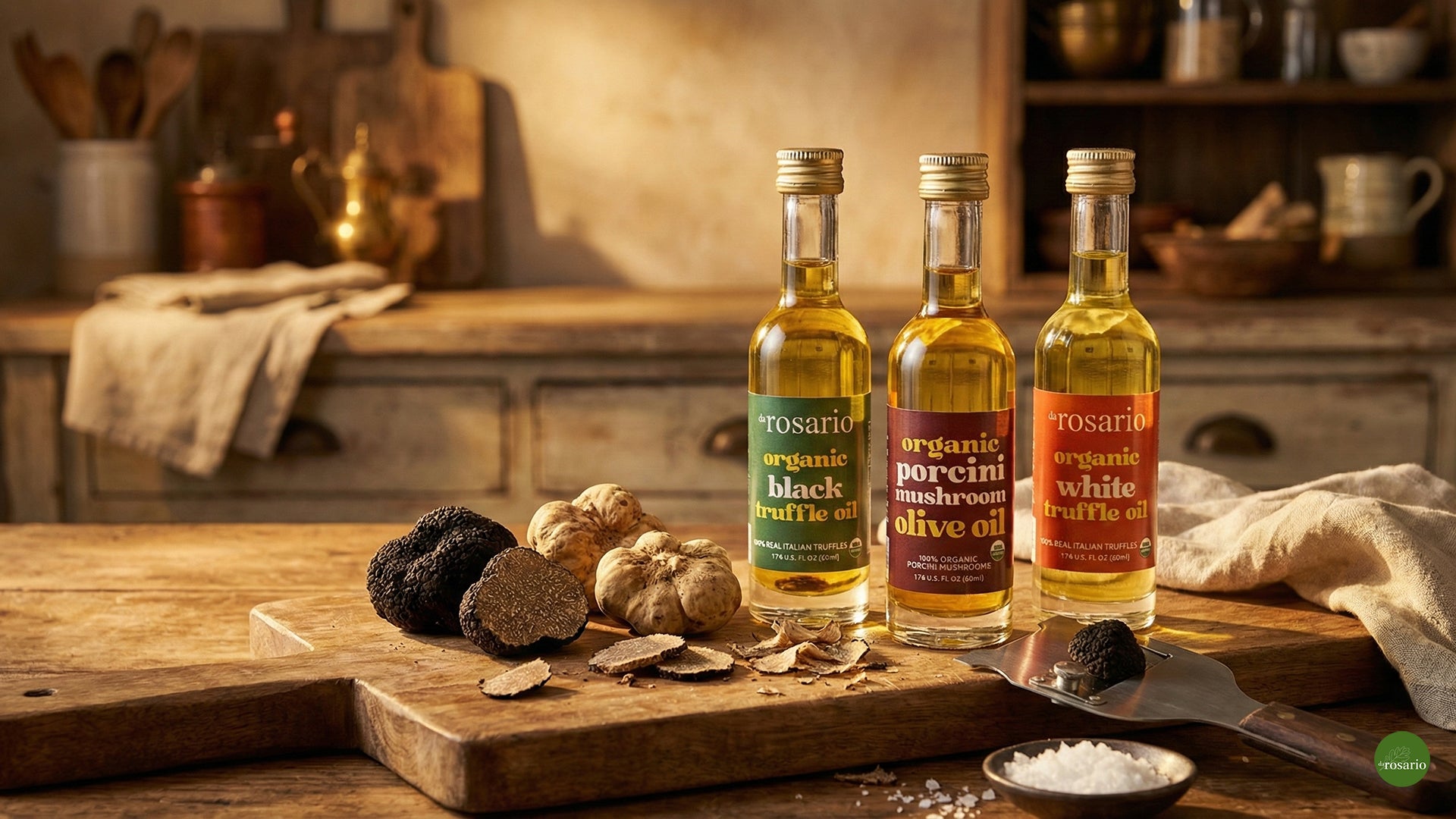 Three bottles of Rosario olive oil on a wooden cutting board with truffles in a rustic kitchen setting.