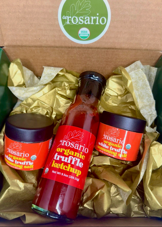 daRosario organic truffle ketchup and truffle seasonings in a box.