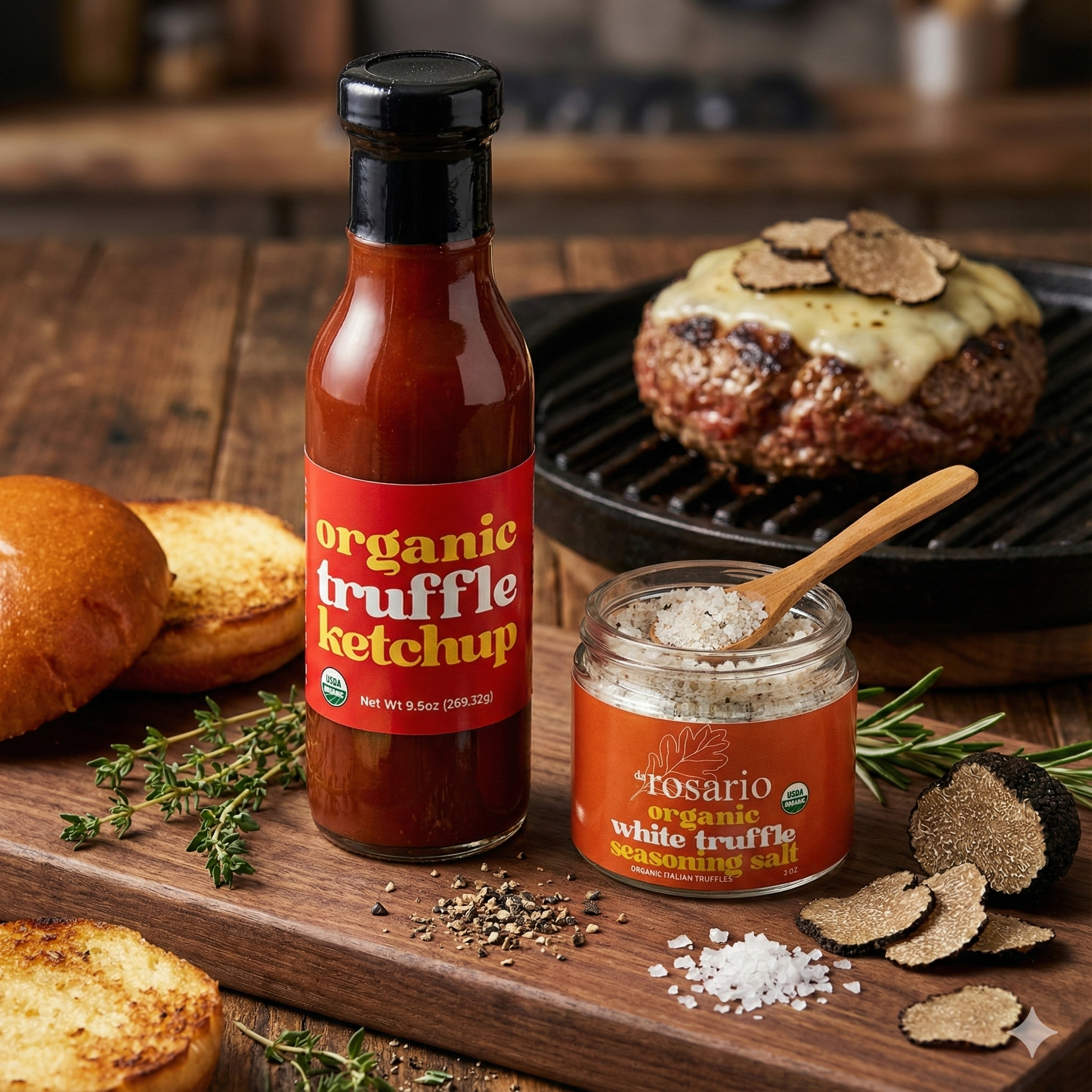 Bottle of organic truffle ketchup and jar of seasoning salt on a wooden board with food in the background.