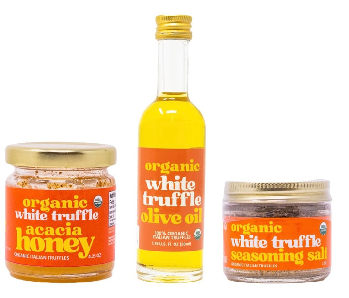 daRosario USDA 100% Organic White truffle oil, truffle honey and truffle salt gift set.